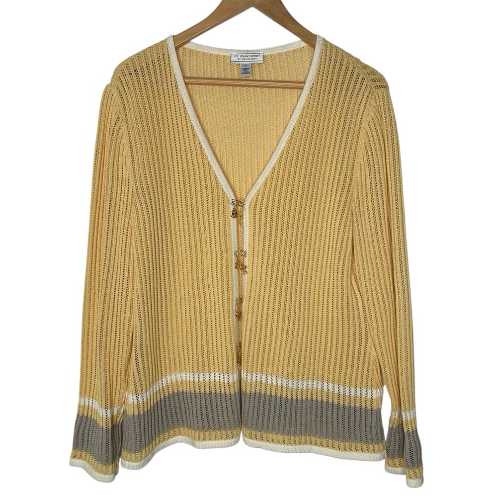 St. John Sport Sweater Cardigan Shell Hook Closure Yellow Gray Womens size Large